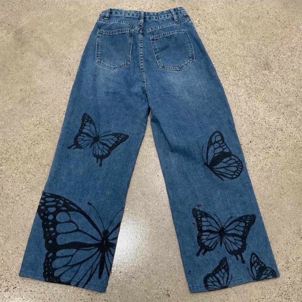 Women’s Fairycore Blue Butterfly Wide Leg Jeans Size XS